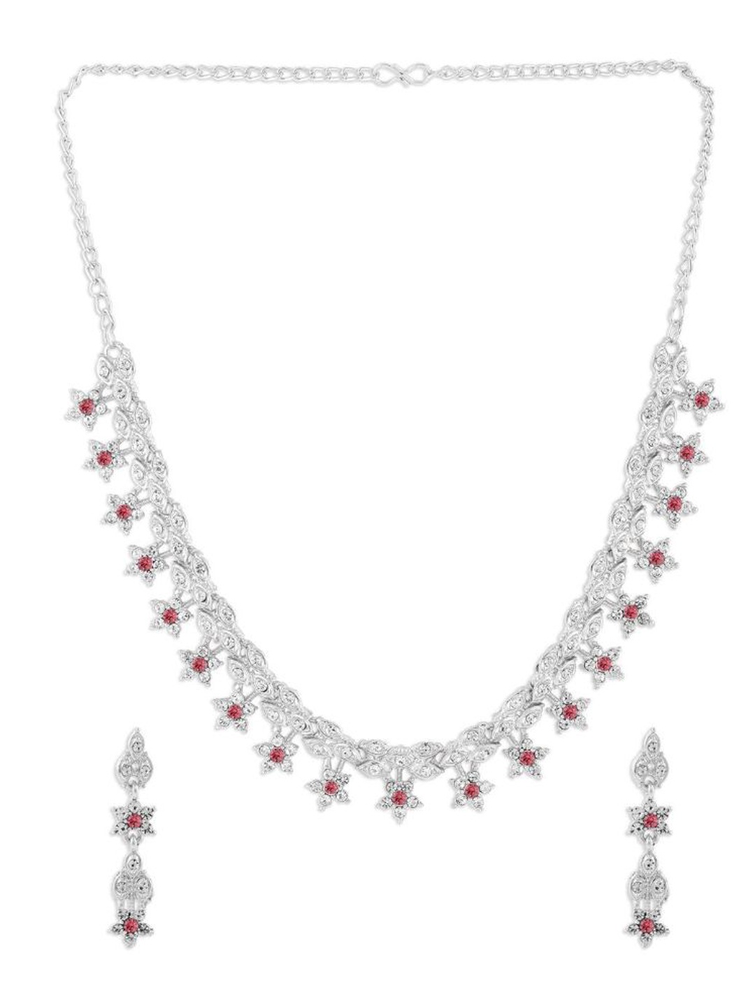 Efulgenz Silver-Toned & Pink Crystal Studded Rhodium-Plated Jewellery Set