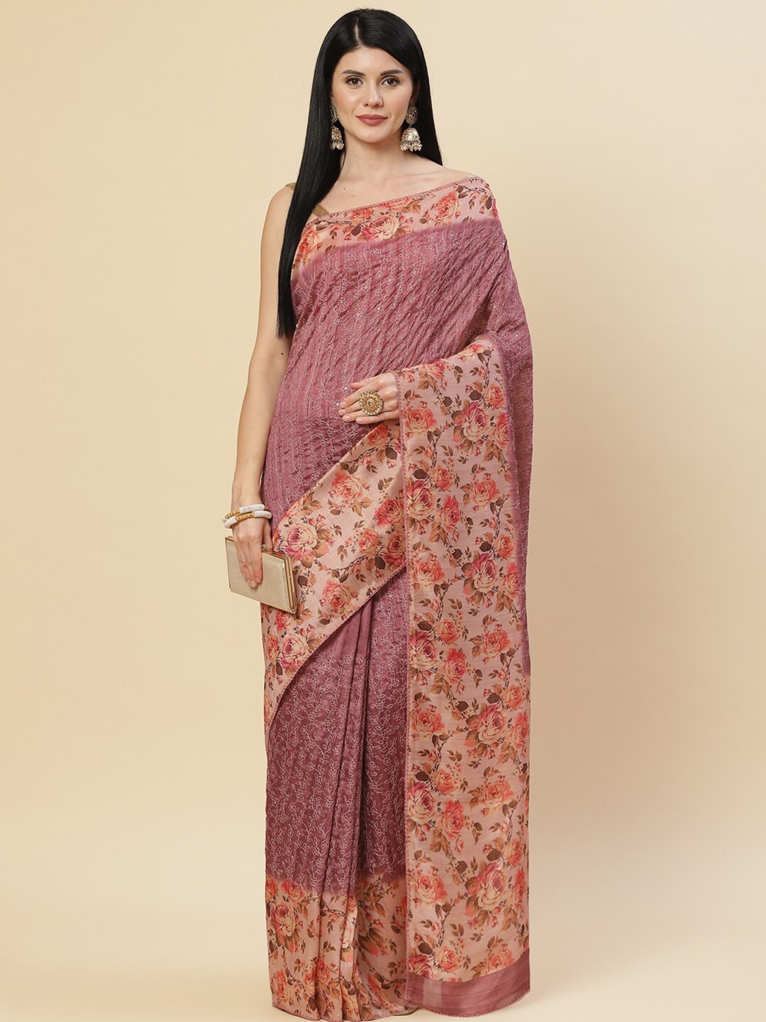 Meena Bazaar Pink & Beige Floral Art Silk Saree