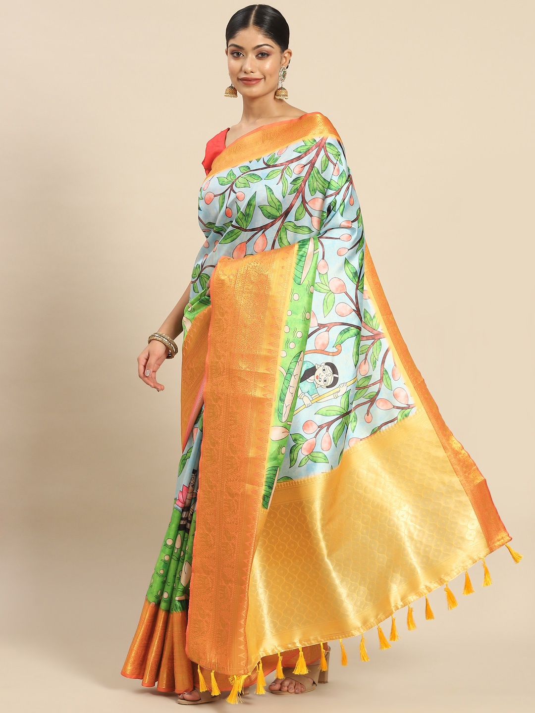 Silk Land Kalamkari Kanjeewaram Art Silk Zari Woven Digital Print saree, Turquoise blue
Silk Land Kalamkari Kanjeewaram Art Silk Zari Woven Digital Print saree, Turquoise blue