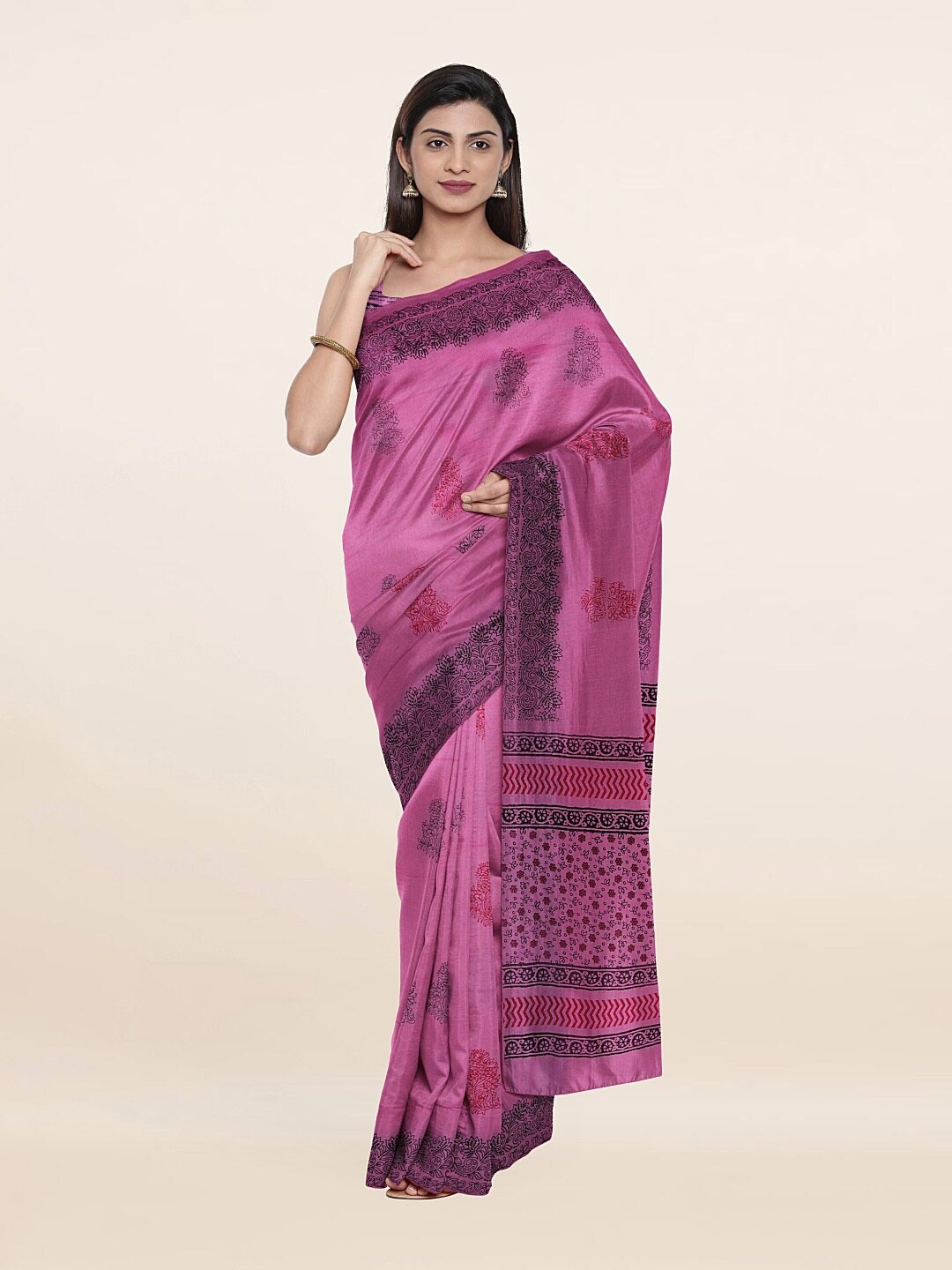Pothys Pink & Black Floral Printed Saree