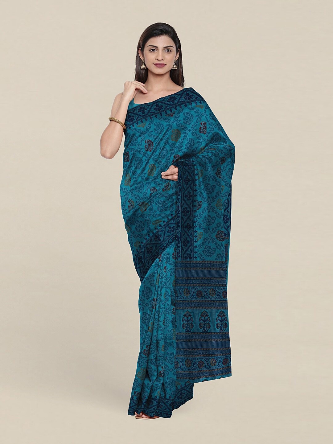 Pothys Blue & Green Paisley Pure Cotton Saree