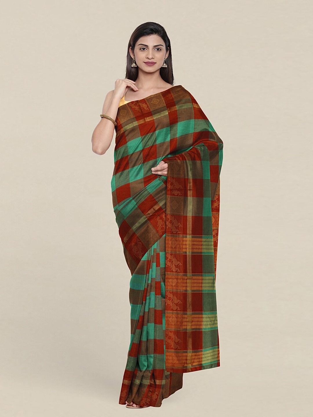 Pothys Red & Green Checked Pure Cotton Saree
