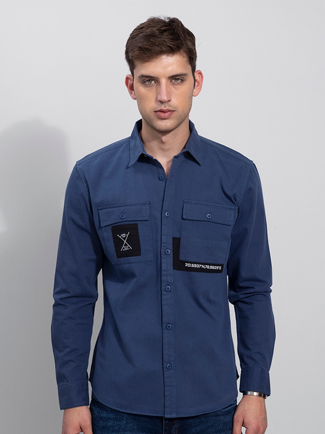 Snitch Men Blue Slim Fit Cotton Casual Shirt