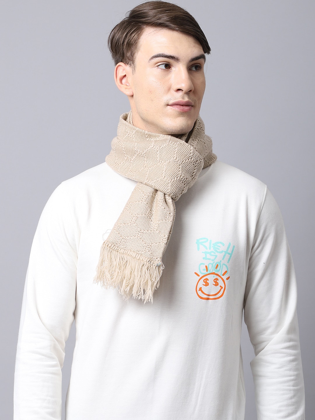 ELLIS Men Cream Woven Design Acrylic Muffler