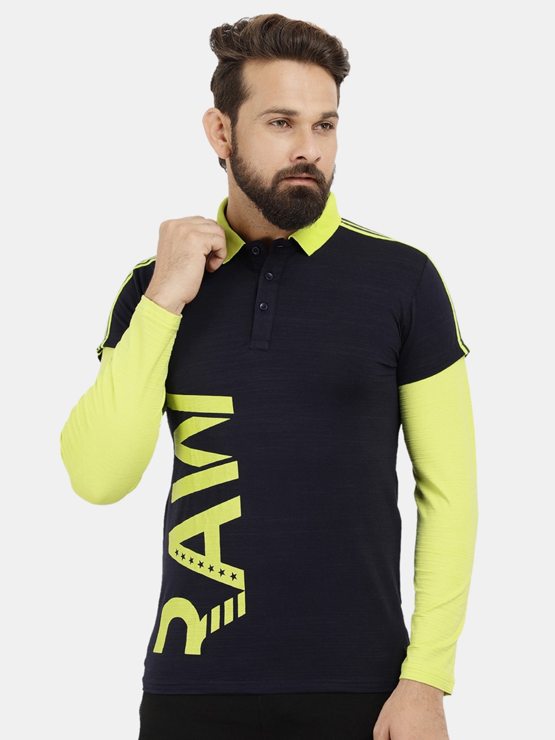 V-Mart Men Navy Blue Typography Printed Polo Collar Layered Sleeves Cotton T-shirt