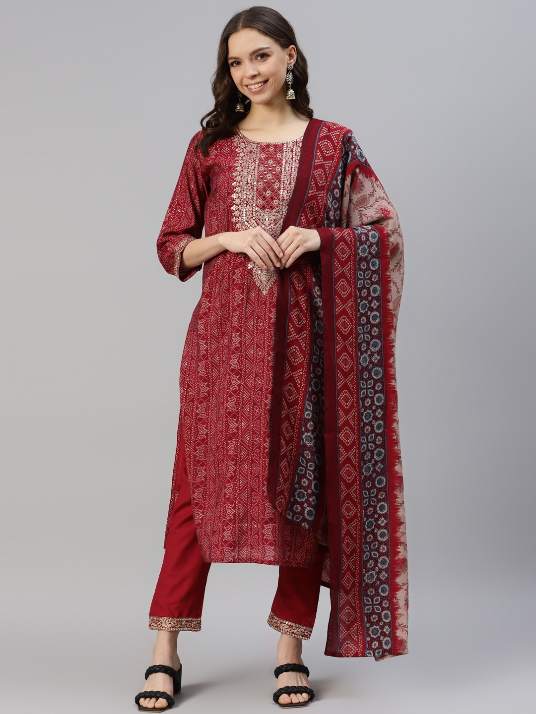 DIVYANK Women Bandhani Printed Chanderi Cotton Kurta with Trousers & Dupatta, Maroon
DIVYANK Women Bandhani Printed Chanderi Cotton Kurta with Trousers & Dupatta, Maroon