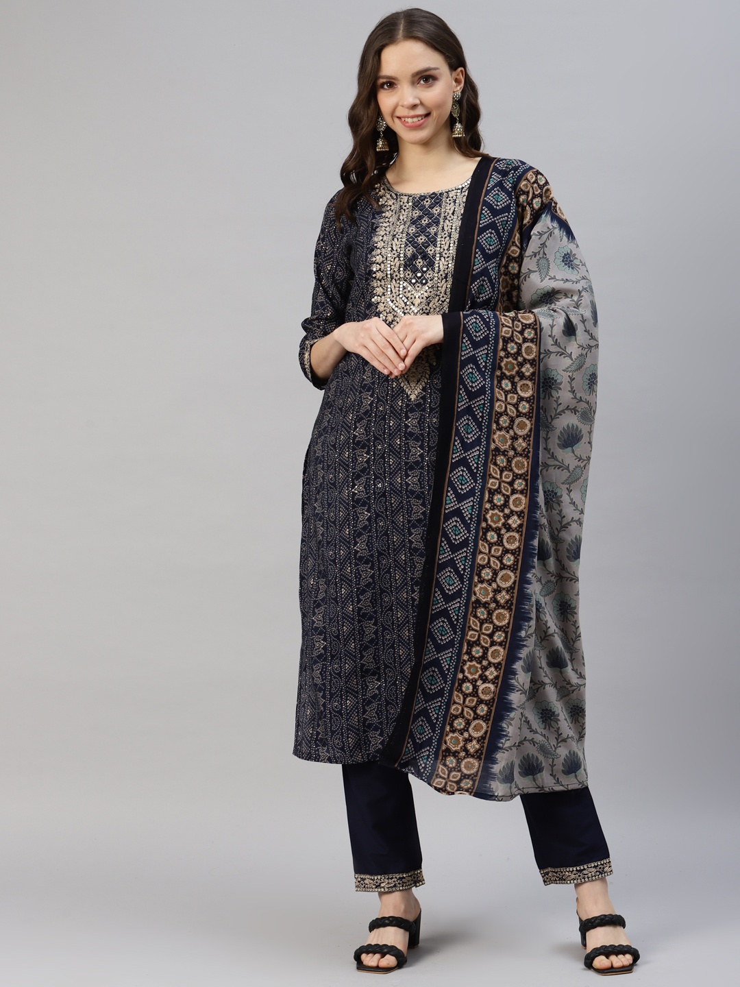 DIVYANK Women Bandhani Printed Chanderi Cotton Kurta with Trousers & Dupatta, Navy blue
DIVYANK Women Bandhani Printed Chanderi Cotton Kurta with Trousers & Dupatta, Navy blue