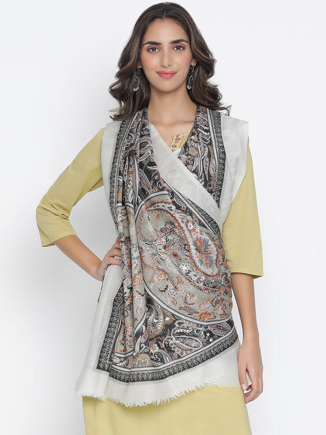 SHINGORA Women White & Black Embroidered Shawl