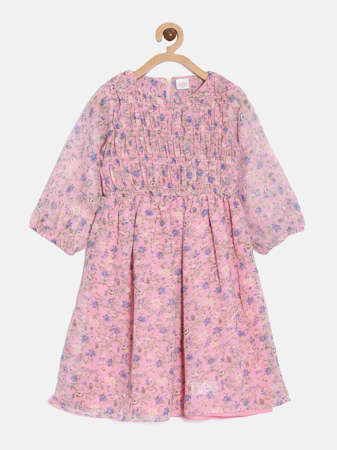 Aomi Girls Peach-Coloured Floral Printed Georgette Dress