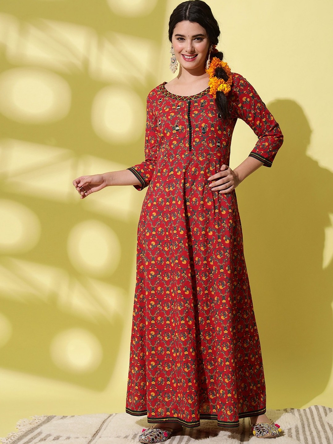 Meeranshi Red Ethnic Motifs Cotton Ethnic Maxi Dress