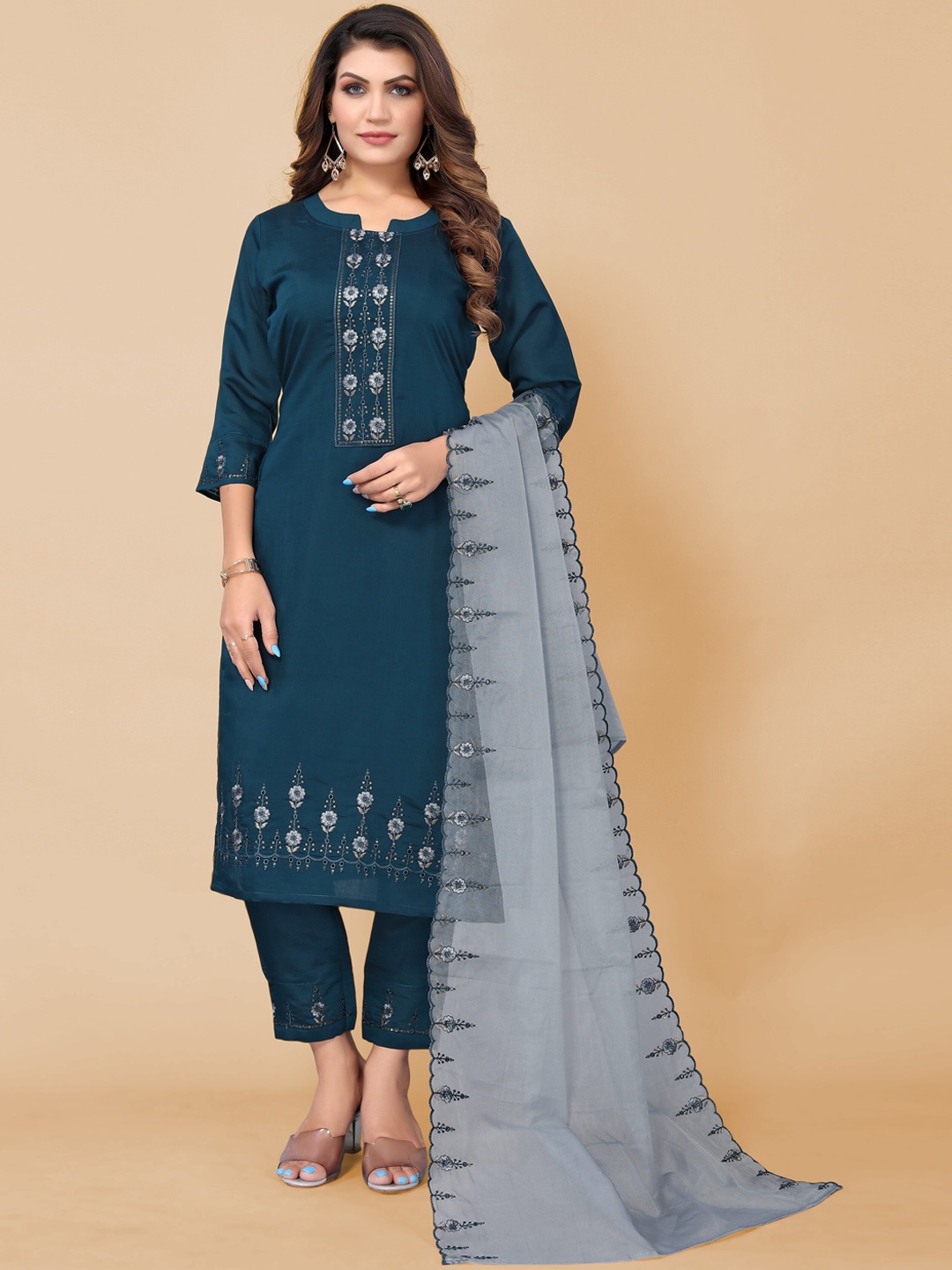 KALINI Women Teal Ethnic Motifs Embroidered Pure Cotton Kurta With Trousers & Dupatta
KALINI Women Teal Ethnic Motifs Embroidered Pure Cotton Kurta With Trousers & Dupatta