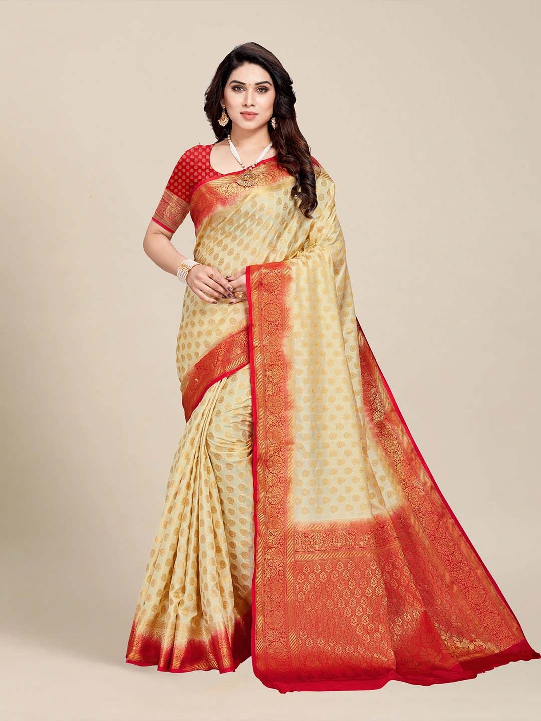 MS RETAIL Cream-Coloured & Red Woven Design Zari Silk Blend Fusion Kanjeevaram Saree
MS RETAIL Cream-Coloured & Red Woven Design Zari Silk Blend Fusion Kanjeevaram Saree