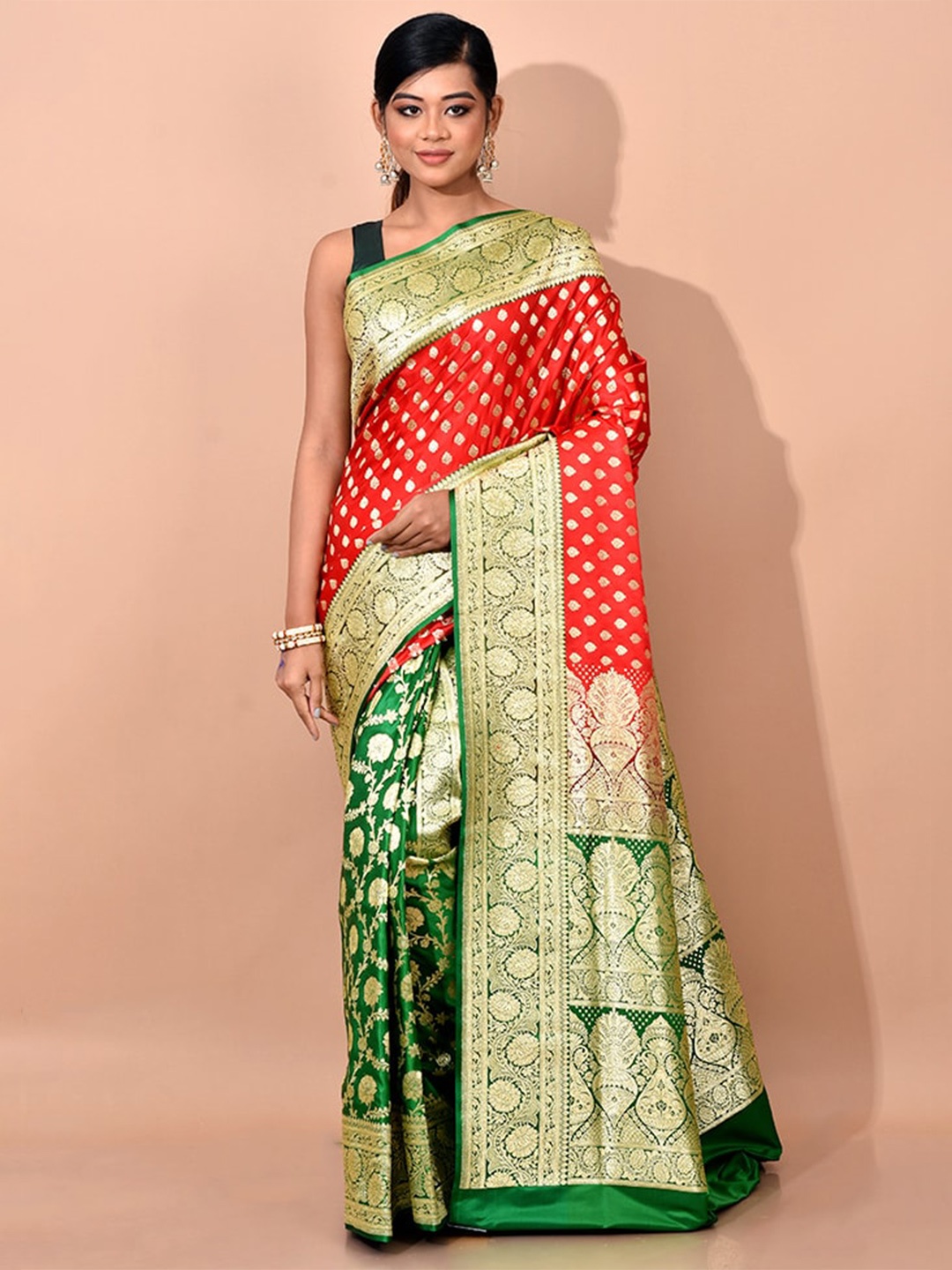 AllSilks Red & Green Ethnic Motifs Zari Silk Blend Banarasi Saree