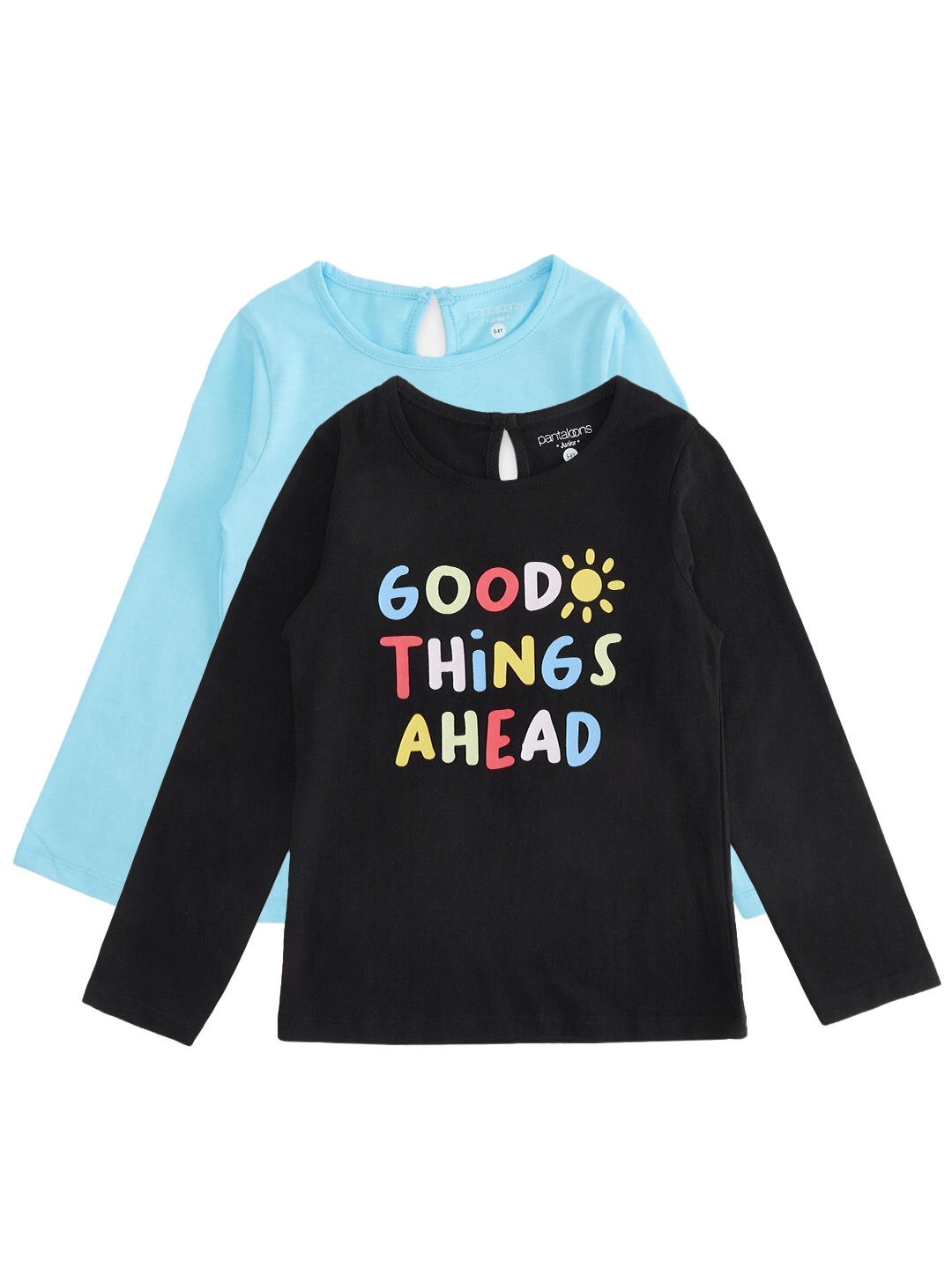 Pantaloons Junior Girls Blue & Black Pack Of 2 Printed T-shirt