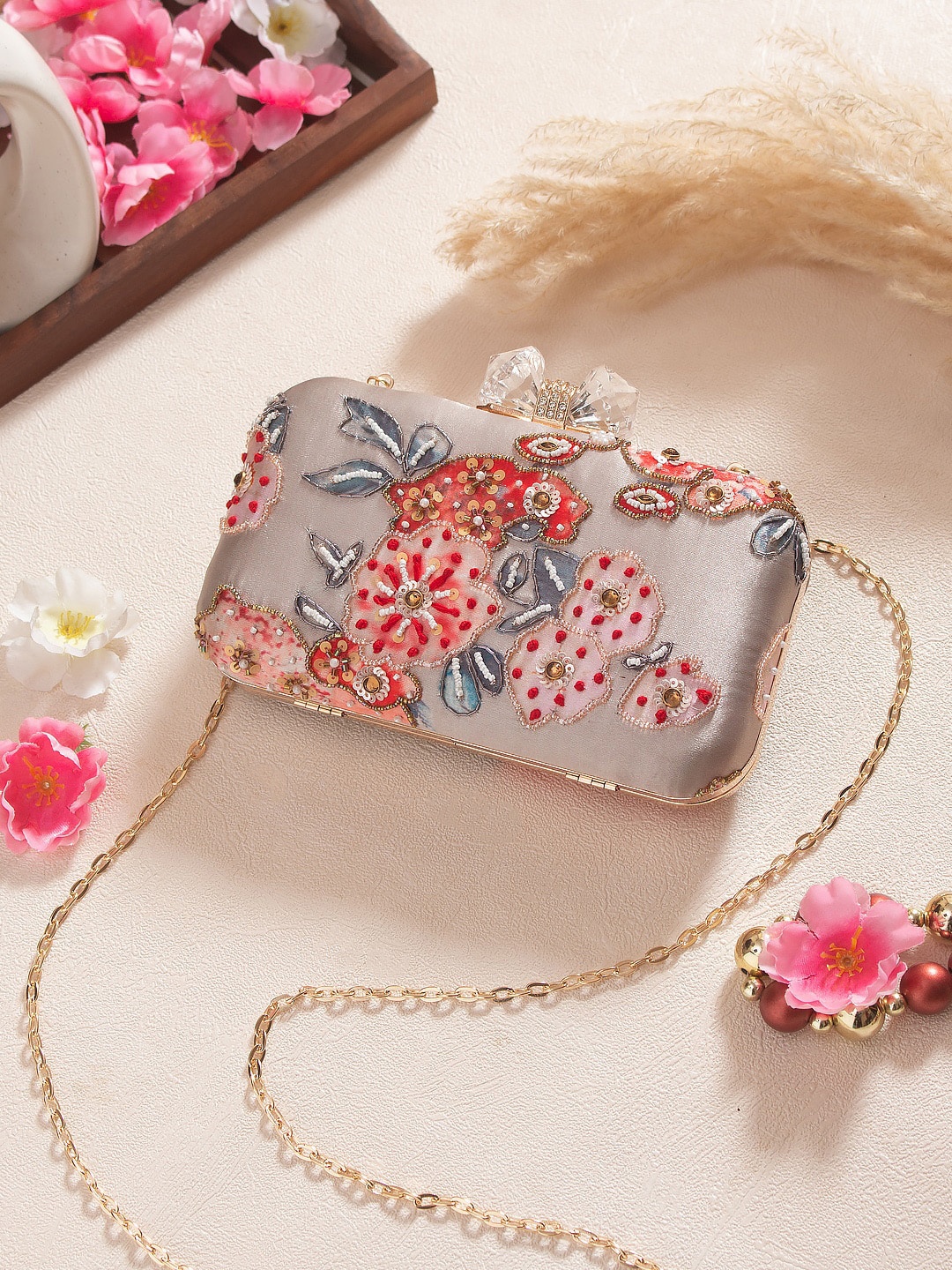 Swisni Grey & Red Embroidered Box Clutch