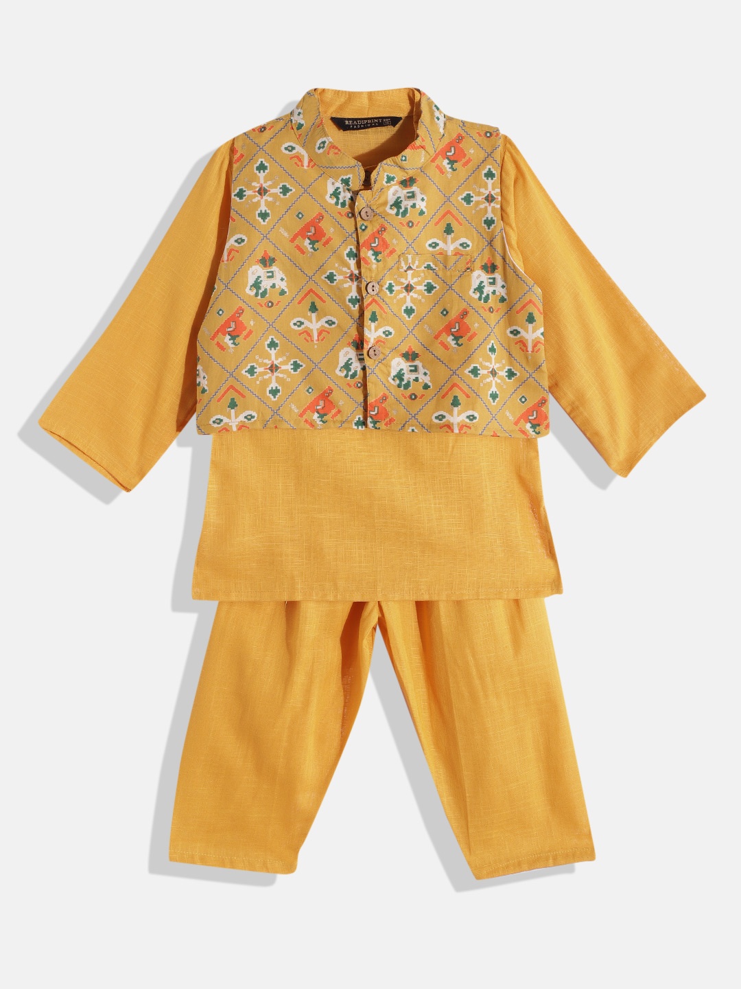 Readiprint Fashions Boys Mustard Yellow Pure Cotton Kurta With Pyjamas & Nehru Jacket
Readiprint Fashions Boys Mustard Yellow Pure Cotton Kurta With Pyjamas & Nehru Jacket