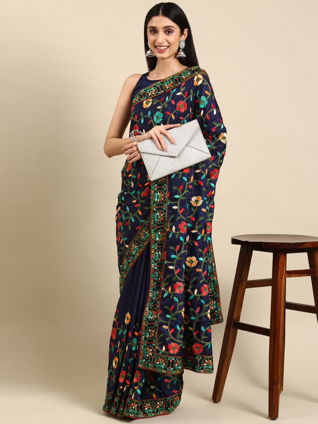 VAIRAGEE Ethnic Motifs Embroidered Silk Blend Saree, Blue