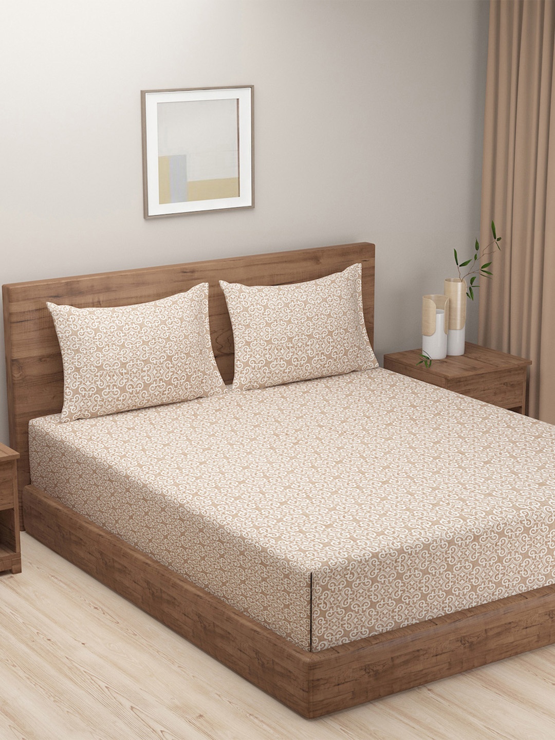 Swayam Ananda Beige Mirage Moroccan Motif 210TC Pure Cotton King Fitted Bedsheet Set, White
Swayam Ananda Beige Mirage Moroccan Motif 210TC Pure Cotton King Fitted Bedsheet Set, White
