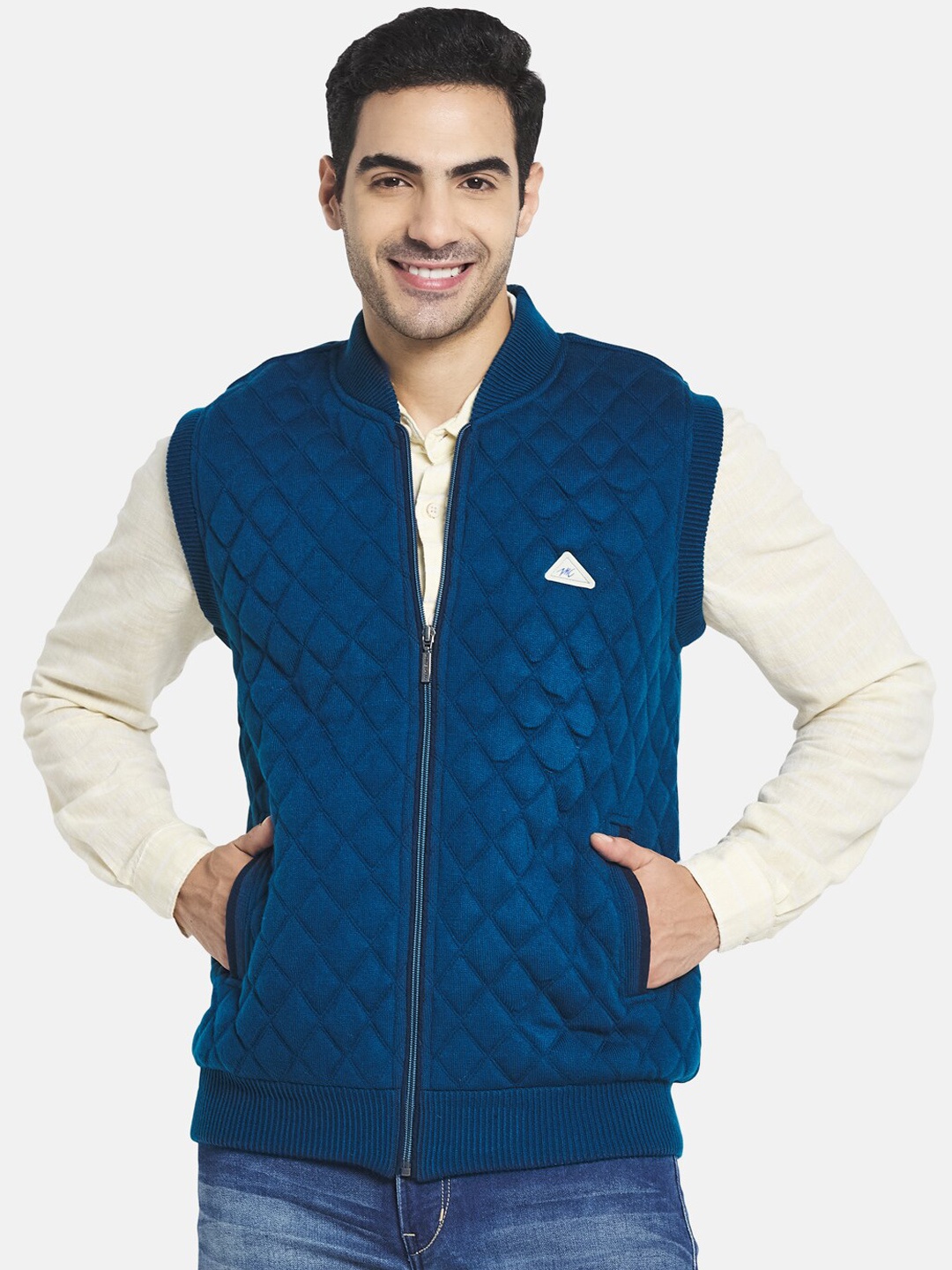Monte Carlo Men Blue Geometric Checked Quilted Jacket