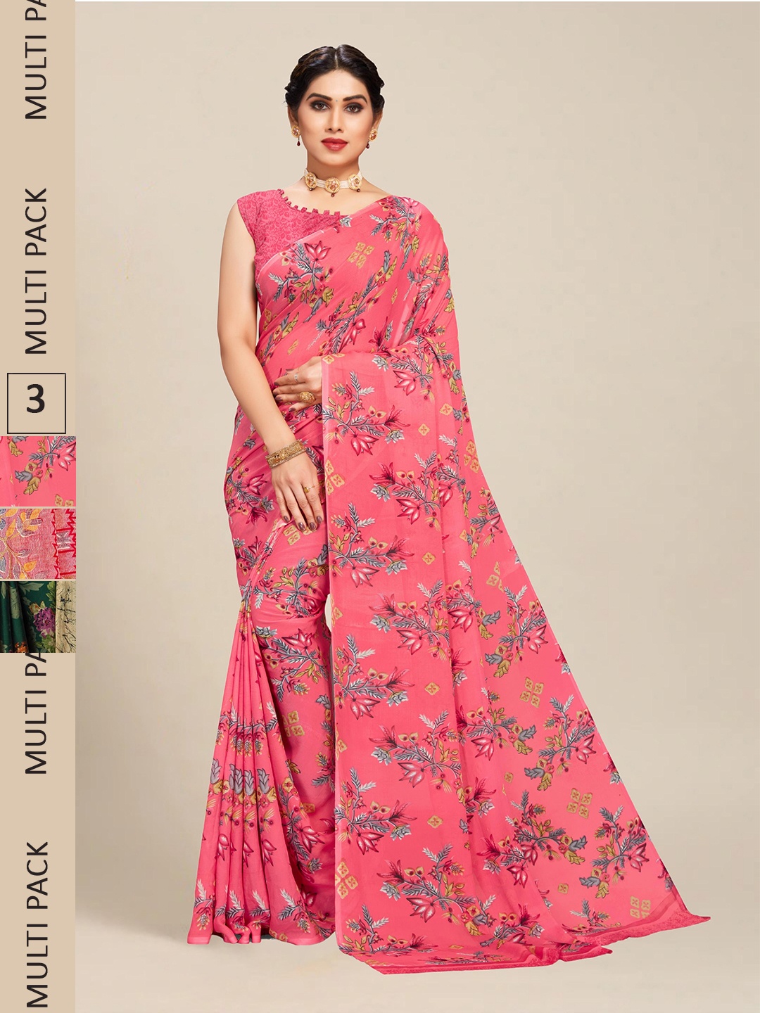 MS RETAIL Pack Of 3 Floral Pure Georgette Saree, Blue
