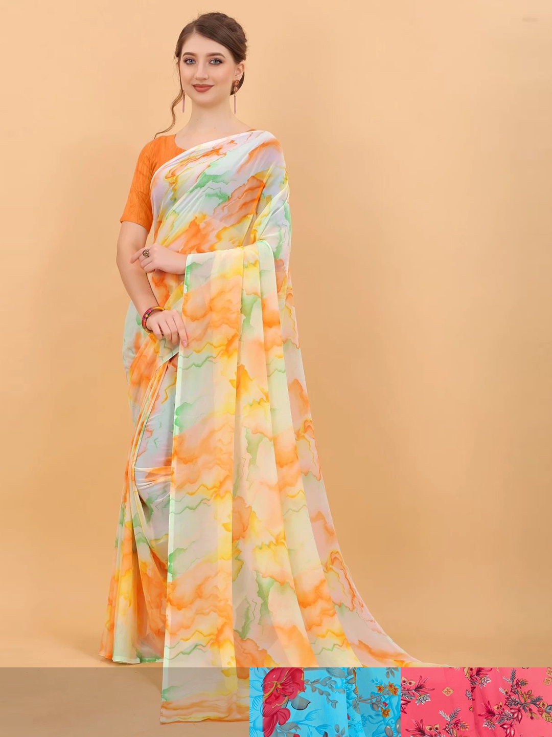 MS RETAIL Pack Of 3 Floral Pure Georgette Saree, Green