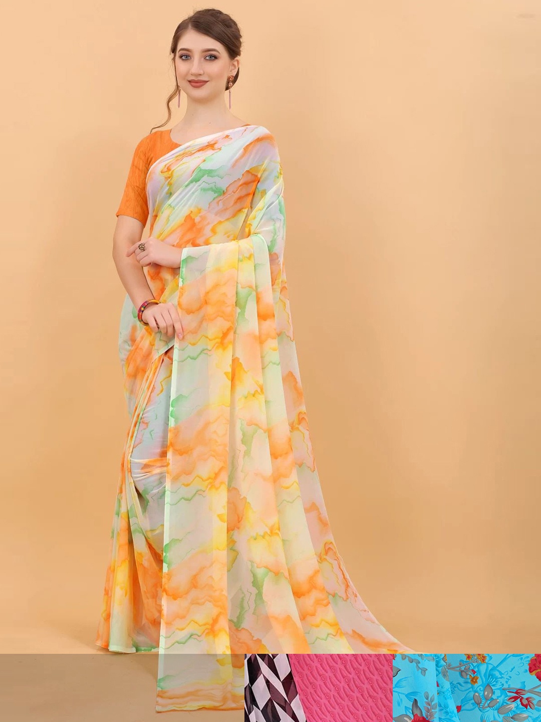 MS RETAIL Pack Of 3 Floral Pure Georgette Saree, Pink