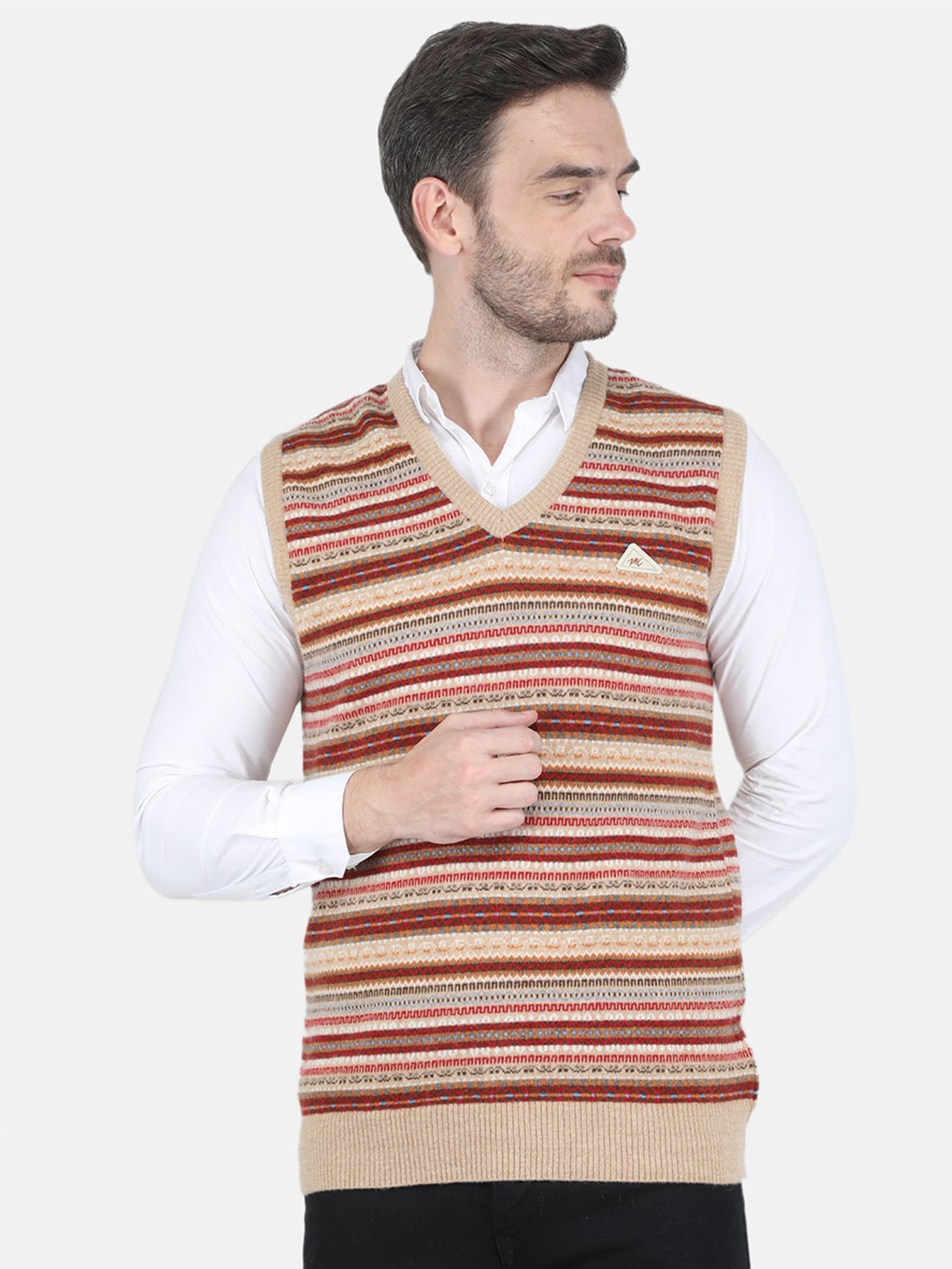Monte Carlo Men Beige & Red Striped Sweater Vest