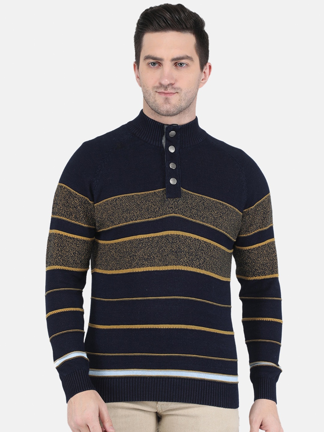 Monte Carlo Men Black & Yellow Striped Wool Pullover