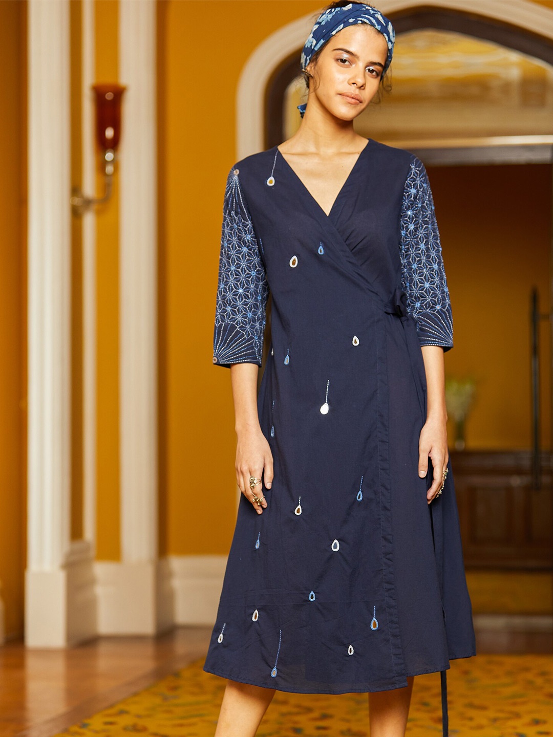 OKHAI Navy Blue Ethnic Motifs Embroidered Cotton Dress