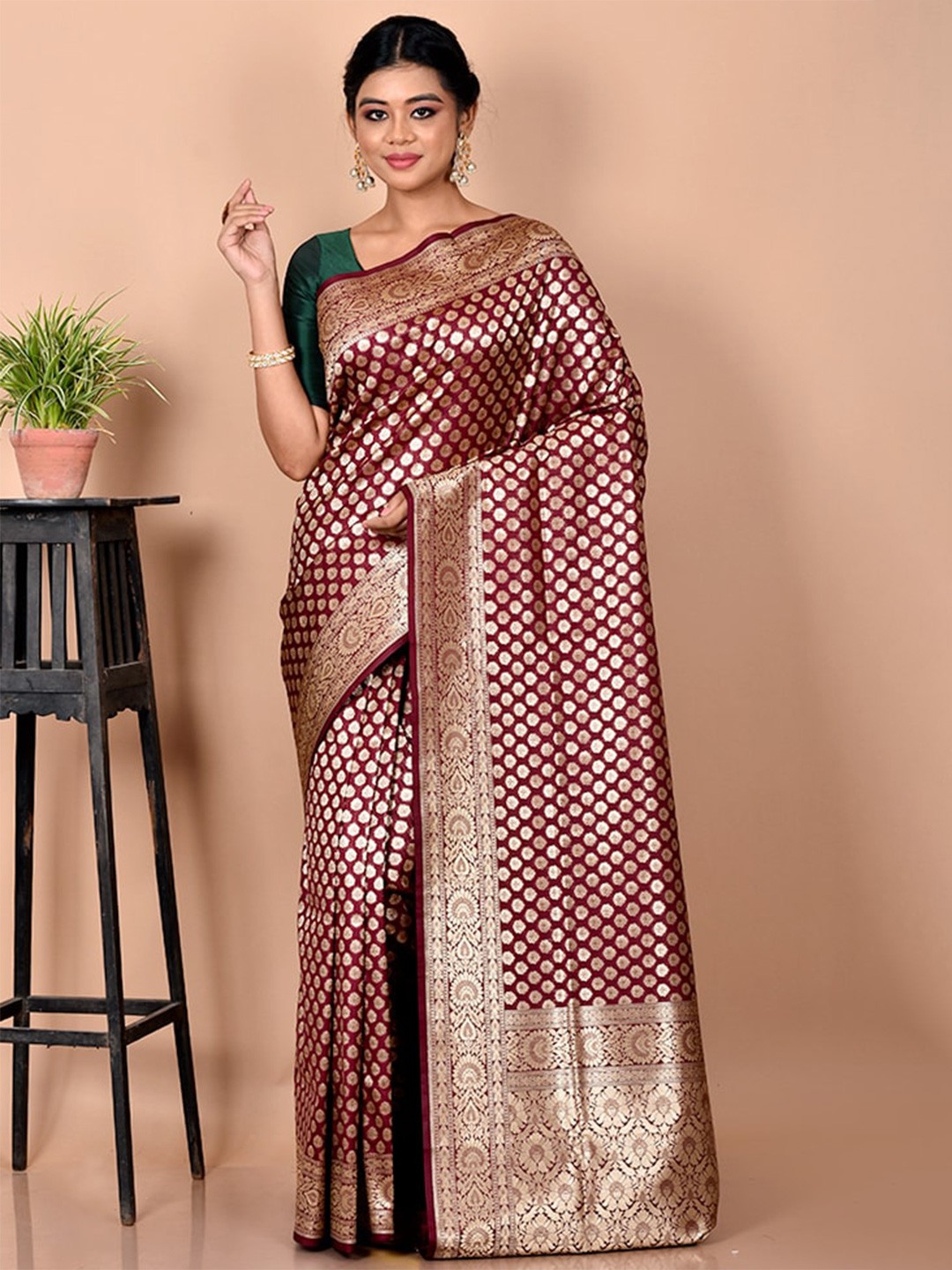 AllSilks Maroon & Gold-Toned Woven Design Zari Silk Blend Uppada Saree