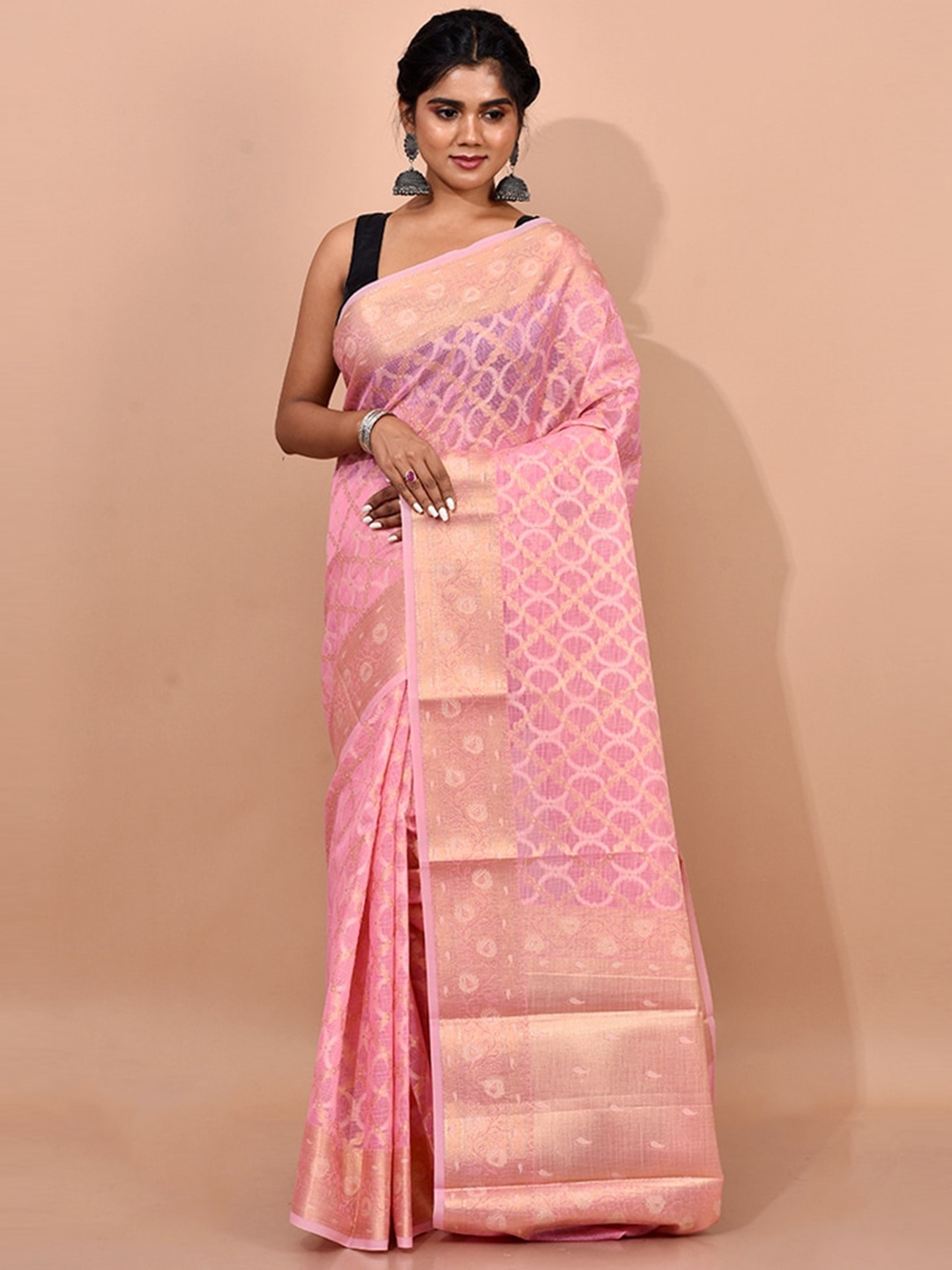 AllSilks Pink & Gold-Toned Woven Design Zari Pure Cotton Saree