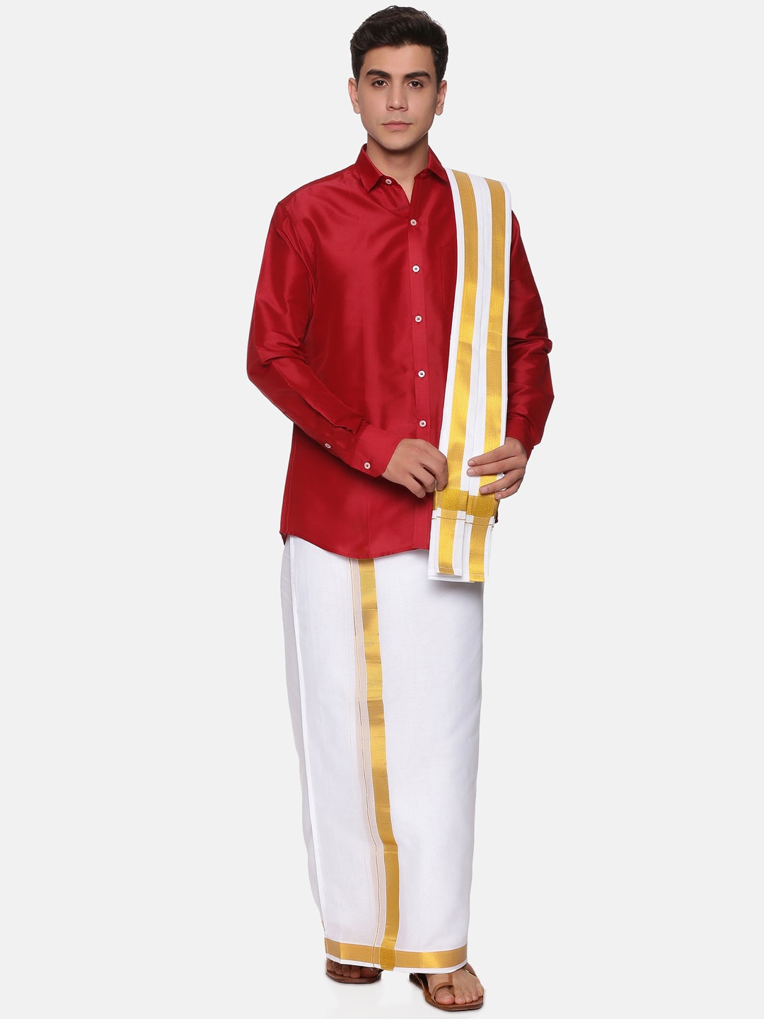 Sethukrishna Men Maroon & White Solid Long Sleeves Shirt with Veshti & With Angavastram
Sethukrishna Men Maroon & White Solid Long Sleeves Shirt with Veshti & With Angavastram