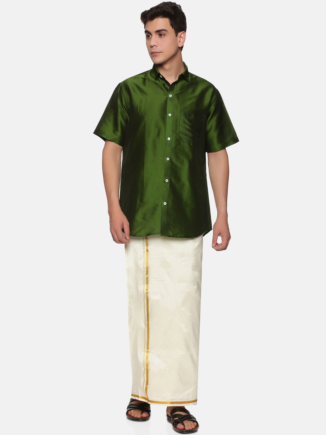 Sethukrishna Men Olive Green & White Shirt & Veshti Set