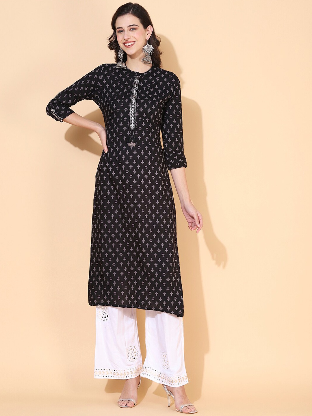 FASHOR Women Black Ethnic Motifs Cotton Kurta