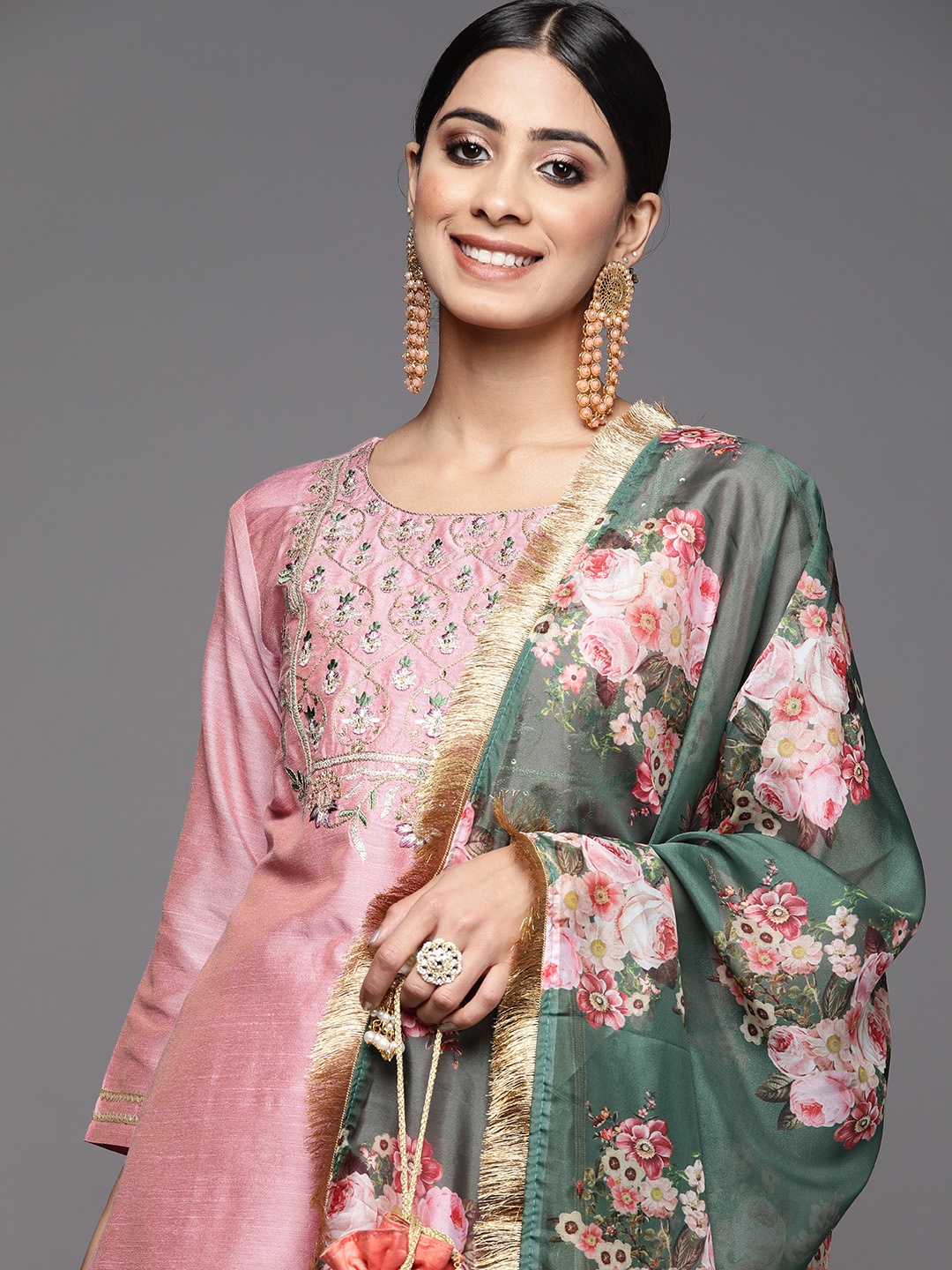Varanga Floral Yoke Design Sequinned Dupion Silk Straight Kurta with Trouser & Dupatta, Pink
Varanga Floral Yoke Design Sequinned Dupion Silk Straight Kurta with Trouser & Dupatta, Pink