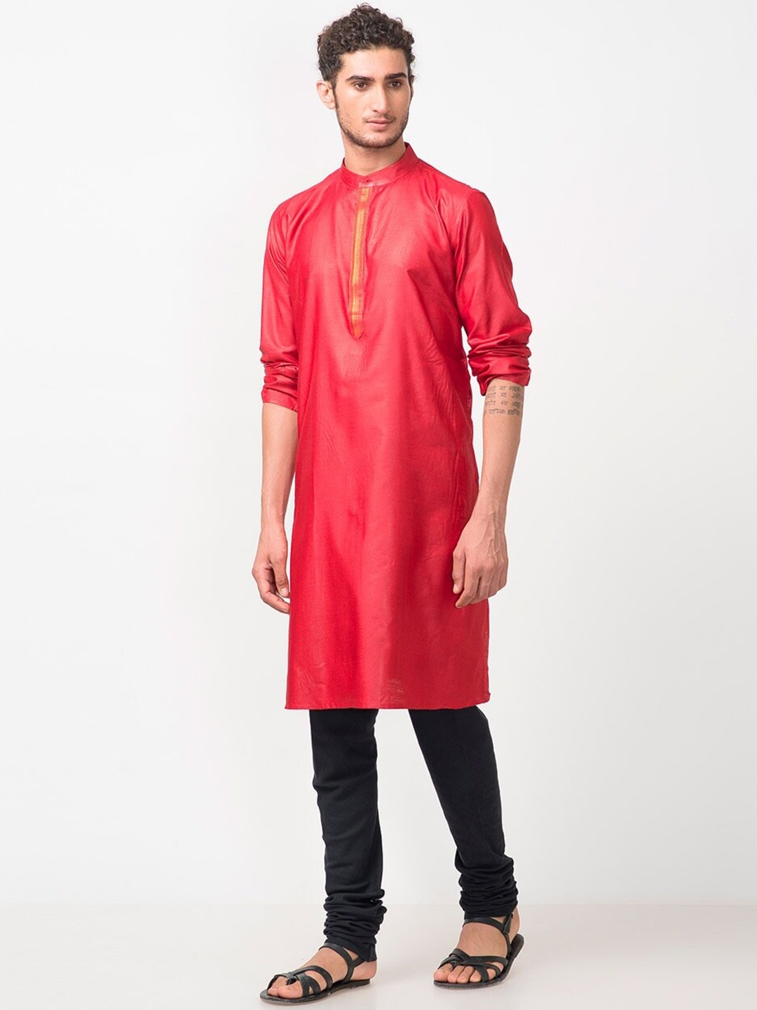 Fabindia Men Red Mandarin Collar Kurta