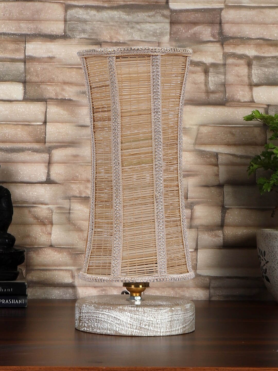 Devansh Beige & White Damru Bamboo Table Lamp