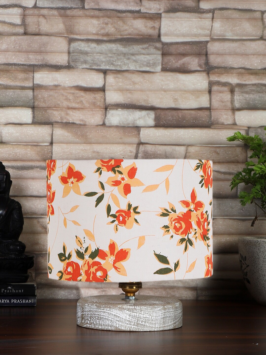 Devansh Printed Cotton Table Lamp With Wood Base, Multi