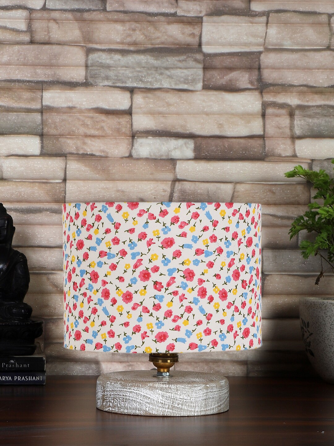 Devansh Pink & White Floral Printed Brushed Cotton Table Lamp With Wood Base