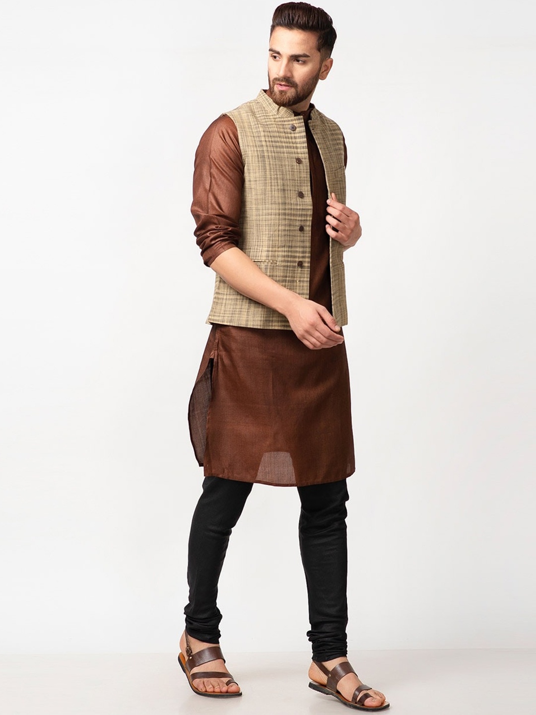 Fabindia Men Brown Pure Cotton Nehru Jacket