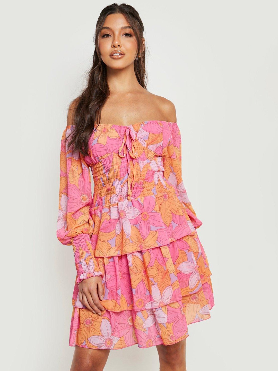 Boohoo Pink & Mustard Yellow Floral Print Off-Shoulder Dress