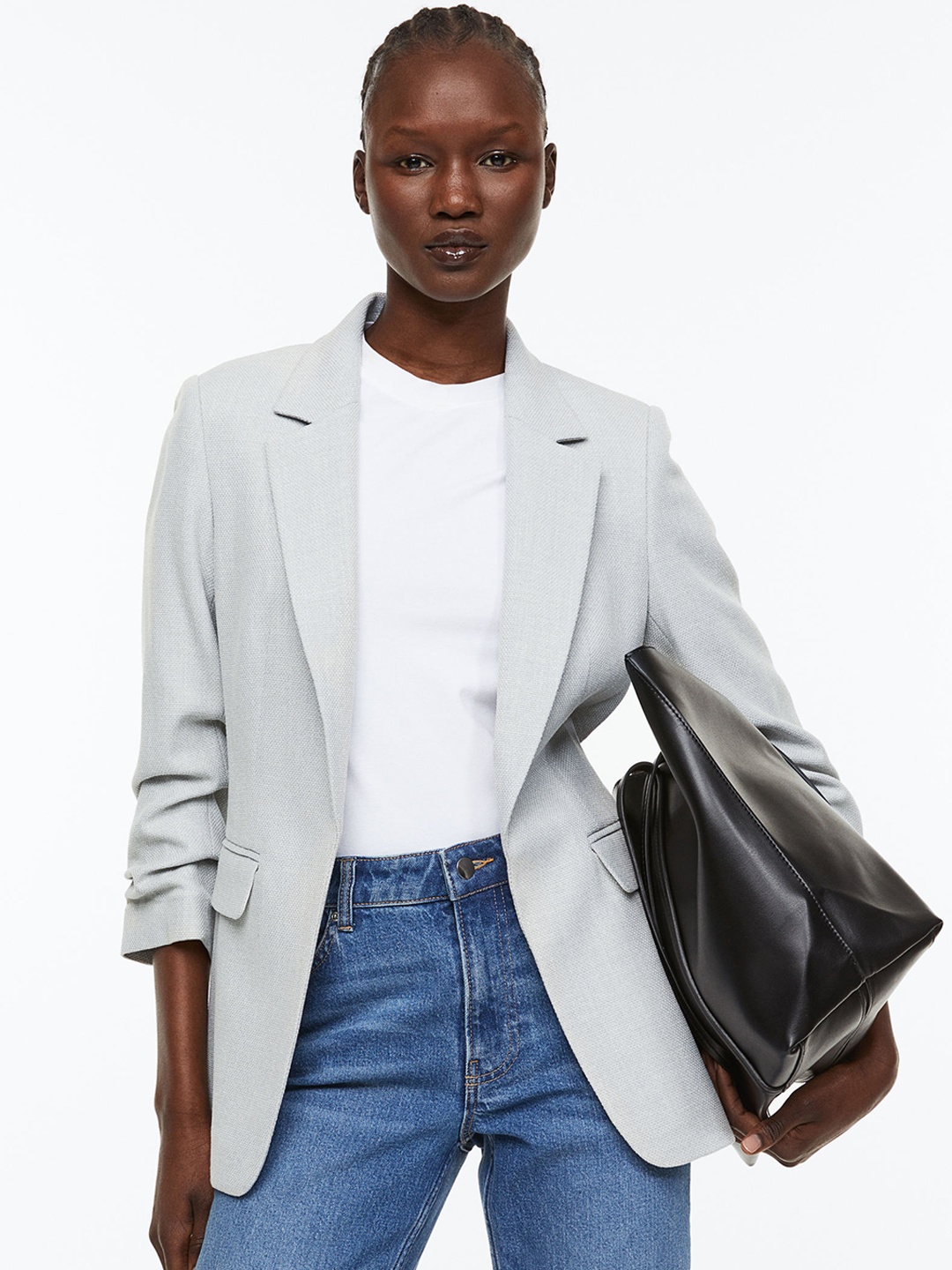 H&M Women Grey Gathered-Sleeve Blazer