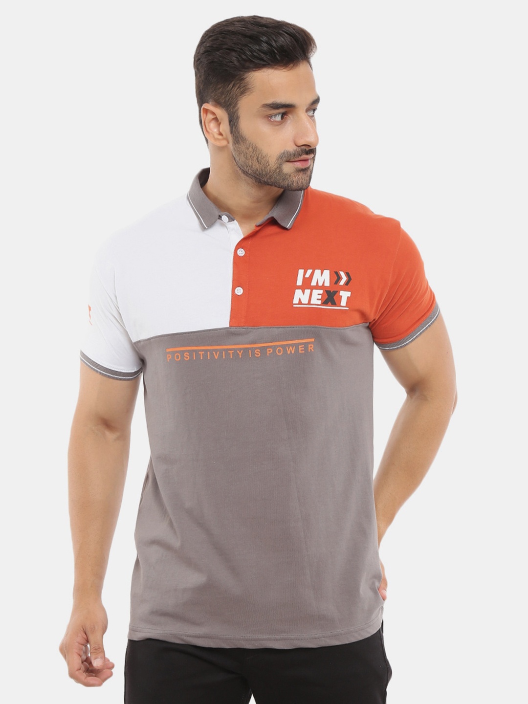 V-Mart Men Grey & White Polo Collar Cotton T-shirt