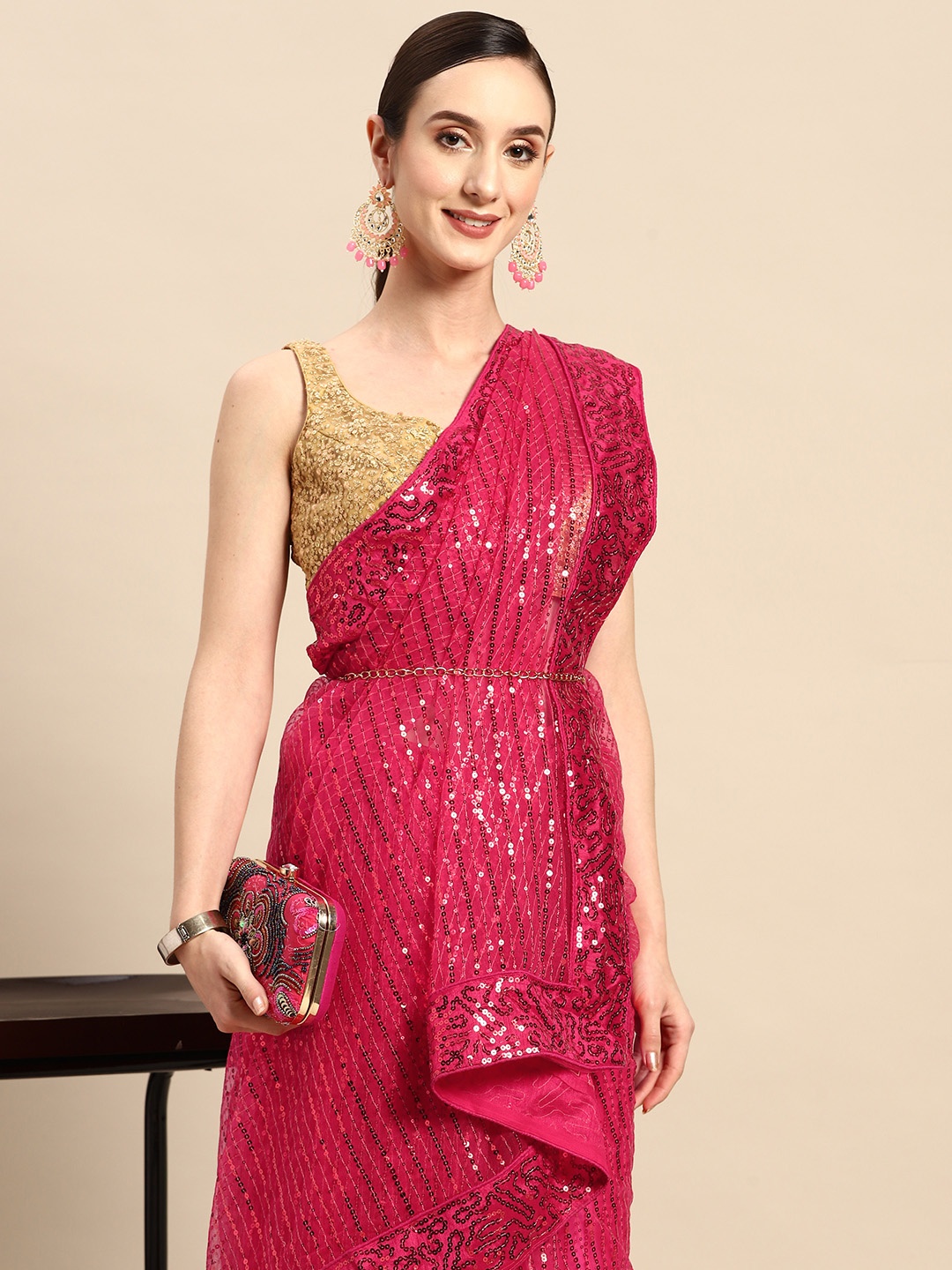 Tikhi Imli Striped Sequinned Embroidered Net Saree, Pink