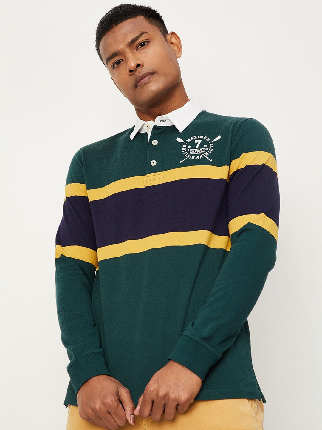 max Men Teal Colourblocked Polo Collar Cotton T-shirt
