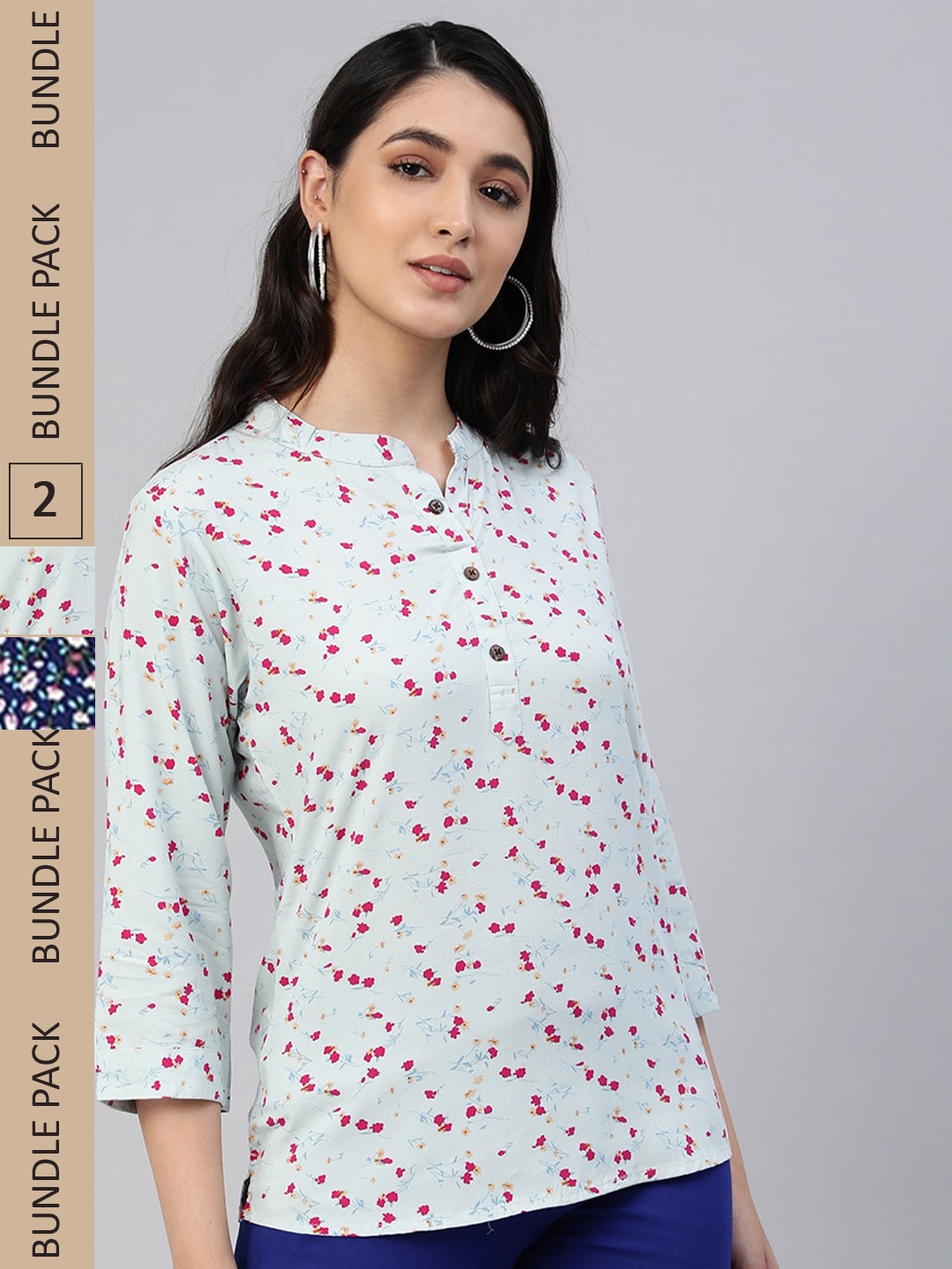 LYRA Assorted Pack of 2 Floral Print Mandarin Collar Top