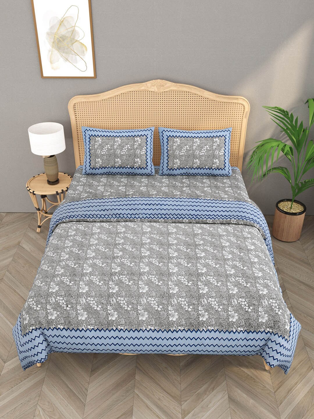 Gulaab Jaipur Grey & Blue Floral Printed Double King Cotton Bedsheet and 2 Pillow Covers
Gulaab Jaipur Grey & Blue Floral Printed Double King Cotton Bedsheet and 2 Pillow Covers