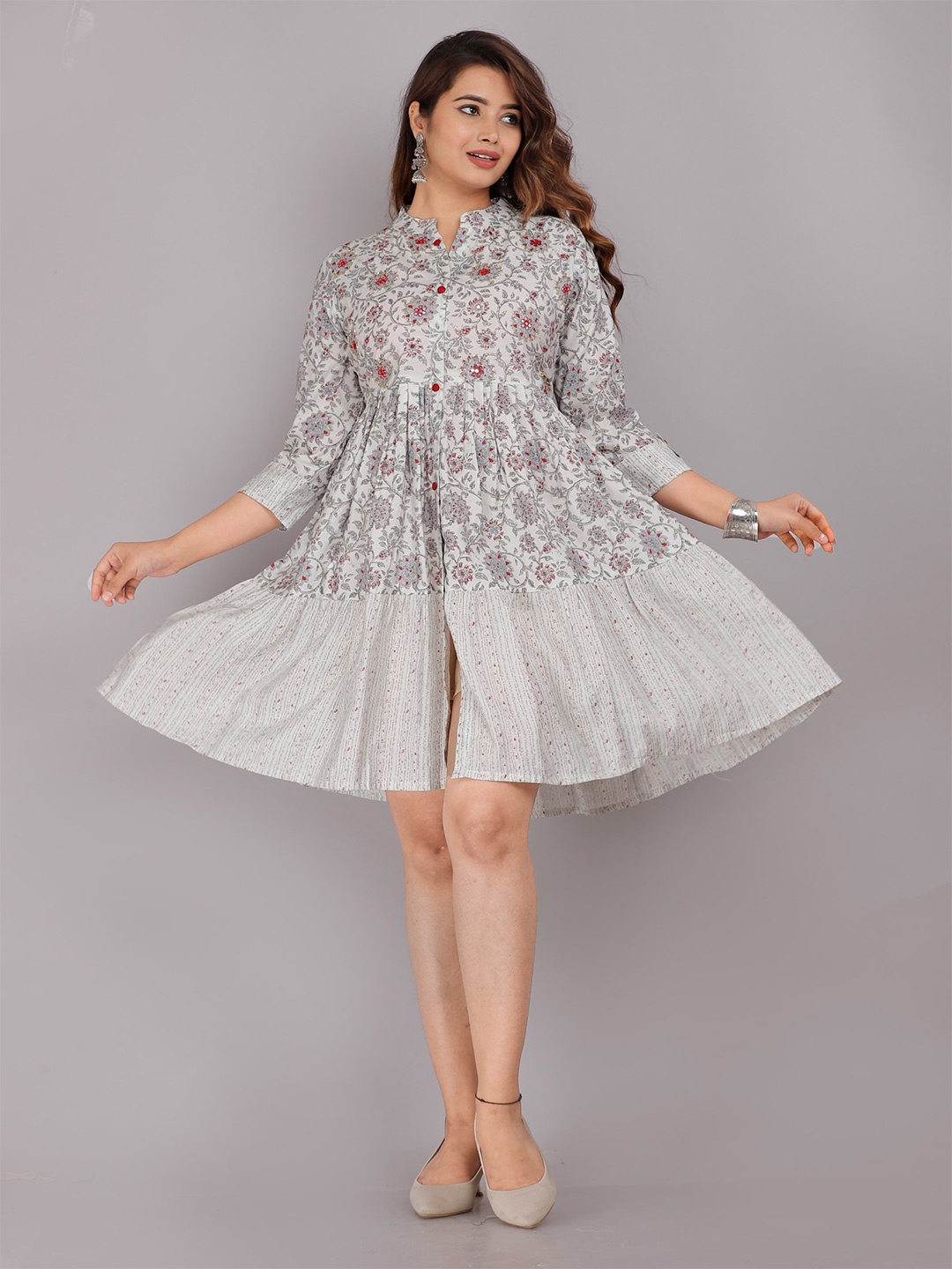 KALINI Grey & Red Floral Fit and Flare Dress