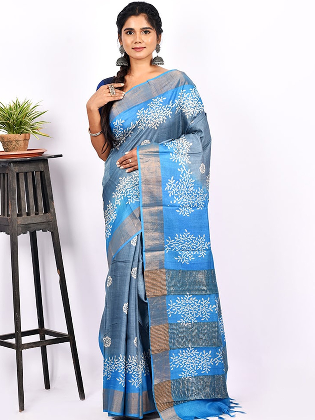 AllSilks Blue & White Floral Zari Silk Blend Tussar Saree