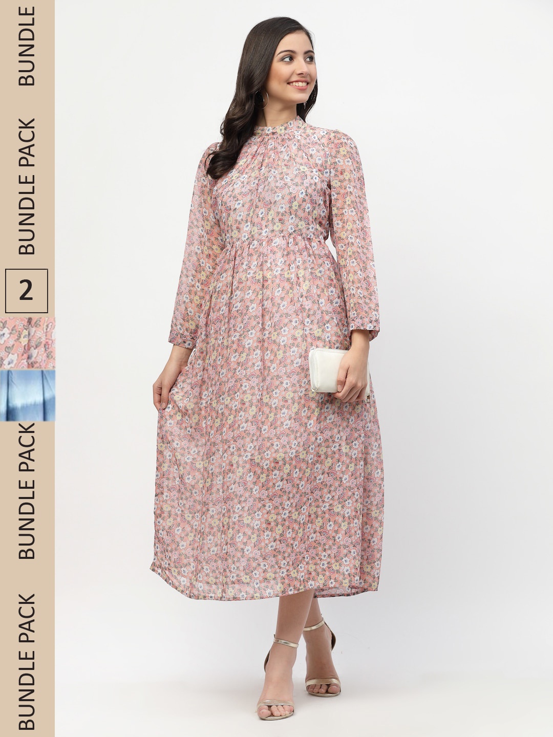 MISS AYSE Women Peach-Coloured & White Pack Of 2 Floral Printed Maxi Dress